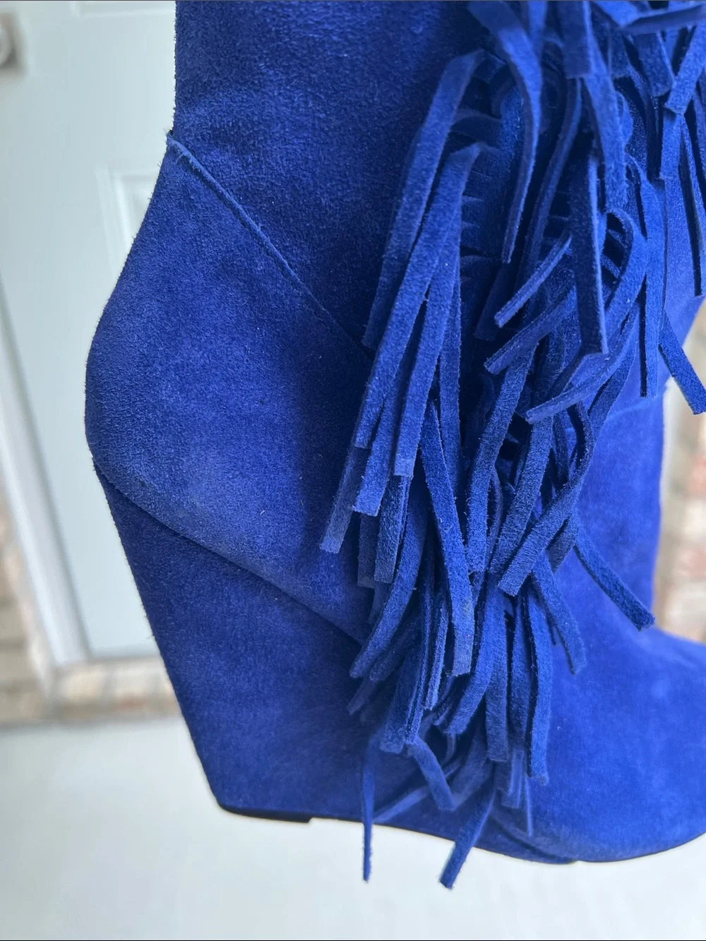 Betsey Johnson Zohara Royal Blue Suede Fringe Boho Knee Boots Size 8.5